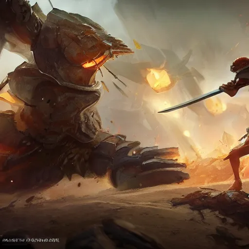 Prompt: battle toast, a slice of toasted bread with a face, arms and legs, holding a sword, volumetric lighting, dynamic composition, fantasy, hyper detailed, ultra realistic, sharp focus, octane render, concept art by ruan jia and heng z