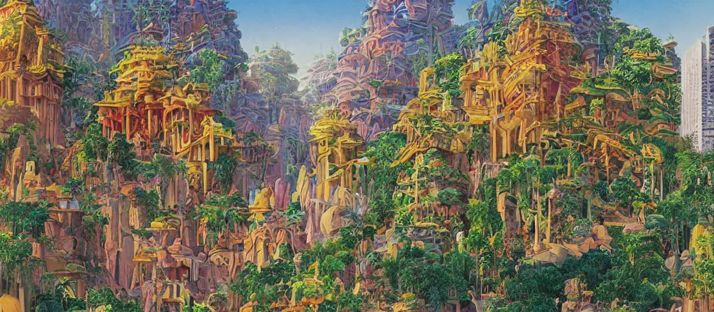 Image similar to huge gargantuan angular dimension of pagoda liminal spaces, temples by escher and ricardo bofill. utopian singaporean landscape by roger dean. magical realism, surrealism, lush sakura trees, waterfalls, thunder, lightning, cyberpunk, shot from below, epic scale