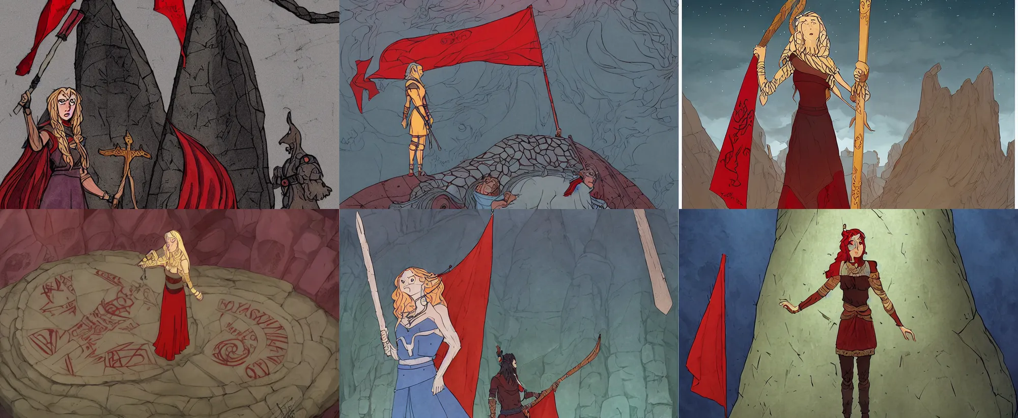 Prompt: Alette from Banner Saga standing in front of giant a rune stone, holding an extremely long red banner, nordic, epic, melancholic, perfect face, concept art, illustration, cover art, art by Ralph Bakshi and Don Bluth