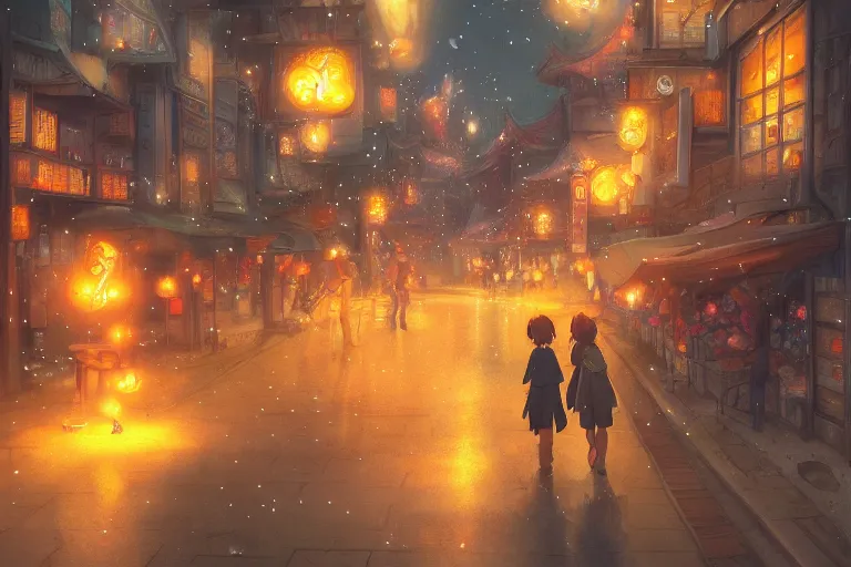 Prompt: fantasy art of glowing goldfish swimming in the air, in the streets of a japanese town at night, with people watching in wonder, by makoto shinkai, highly detailed digital art, trending on artstation