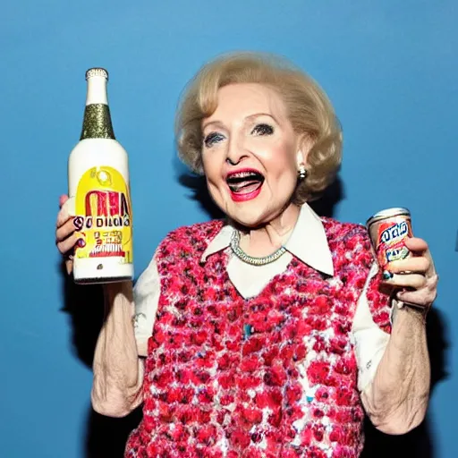 Image similar to betty white drinking white claw with miley cyrus