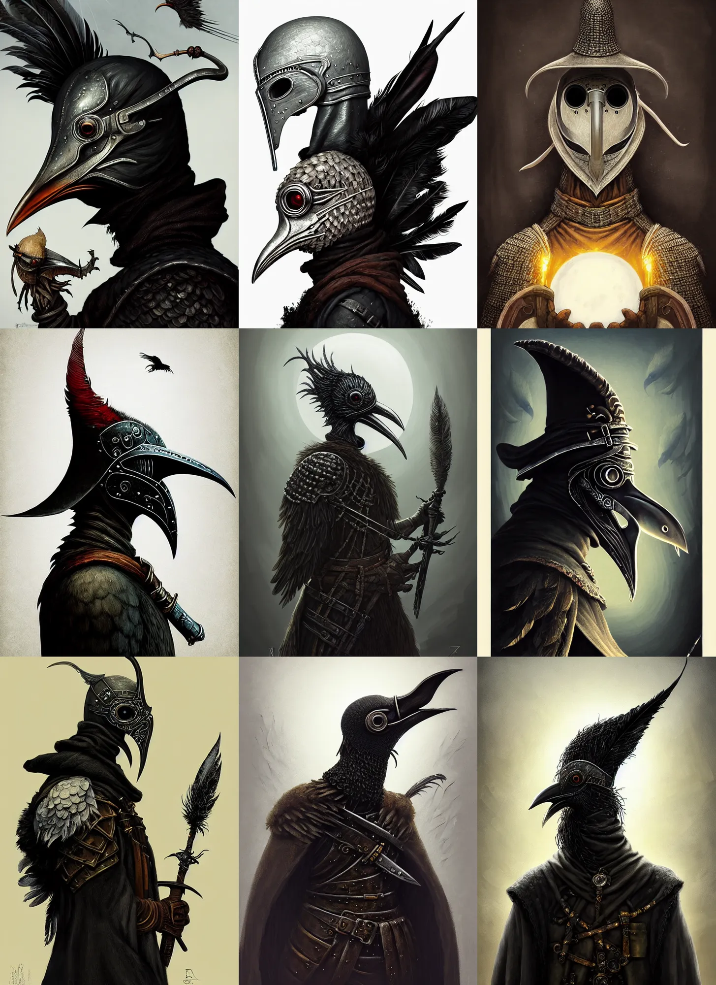 Prompt: rpg! profile! portrait of humanoid bird on white background, beak, feathers, plague doctor, beautiful clothes, dark souls, bloodborne, intricate, highly detailed, digital painting, artstation, concept art, smooth, sharp focus, illustration, art by norman rockwell emiliano ponzi andrey remnev yoann lossel aaron jasinski, 8 k