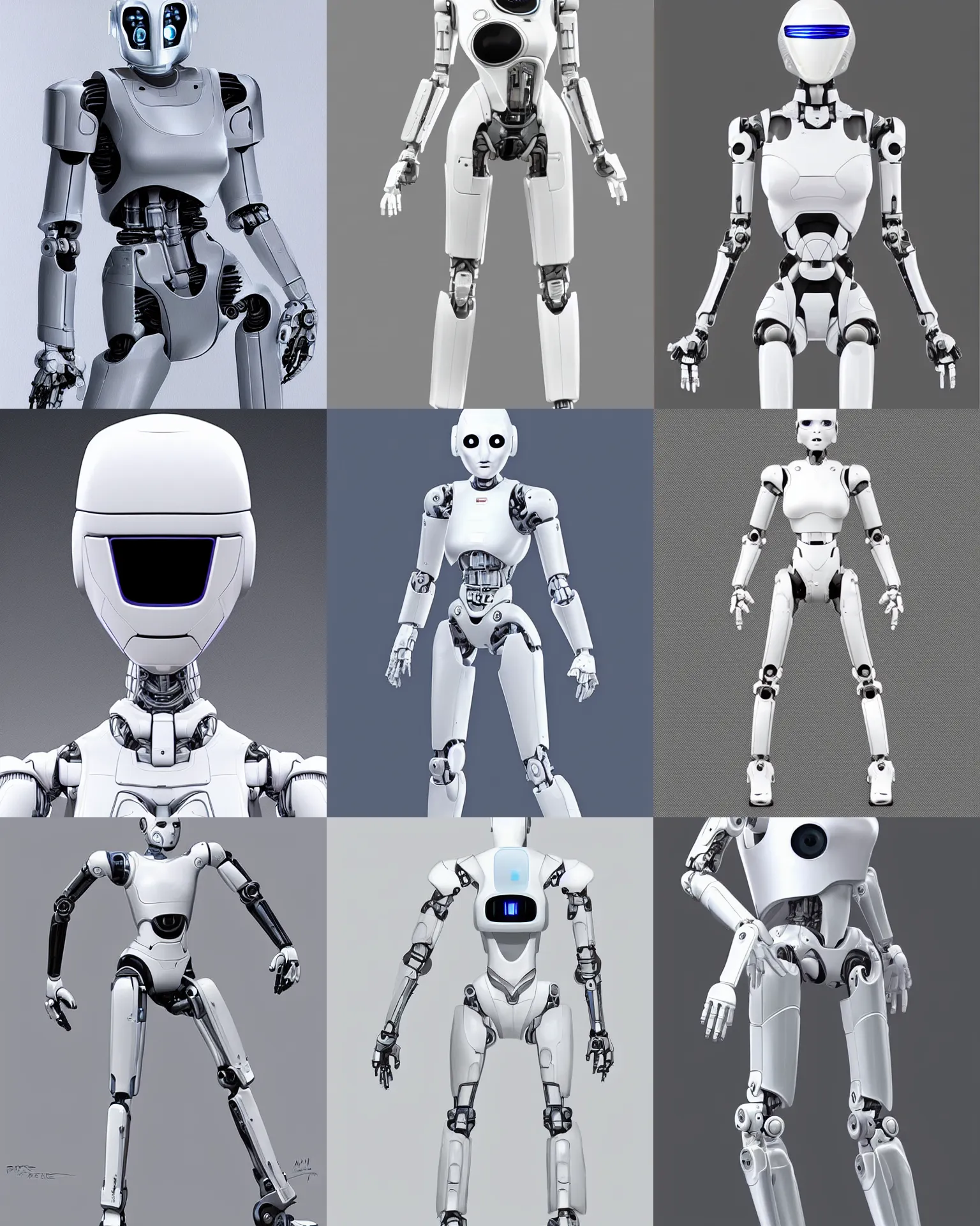 Prompt: blank robot droid designed by apple, white, sleek, curved, sterile, concept art by artgerm and boston dynamics