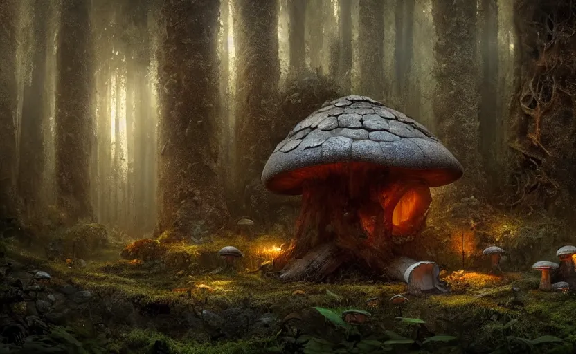 Image similar to A mushroom house!!!!, in a dark forest, small windows !!, macro, cool tones, underexposed, overecast, mysterious matte painting by greg rutkowski and marc simonetti and Ivan Shishkin, 4k