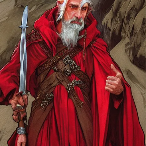 Image similar to ezra the elven desert bandit. Red robes. Epic portrait by james gurney and Alfonso mucha (lotr, witcher 3, dnd).