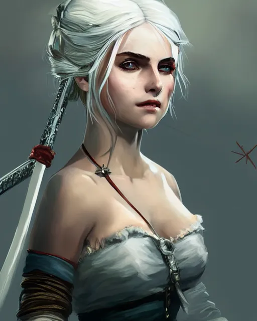 Image similar to Ciri from Witcher 3 by Viorie and Toni Infante and Timothy Kong, wearing haute couture by schiaparelli, sharp focus, sun rays, intricate, elegant, highly detailed, digital painting, masterpiece.