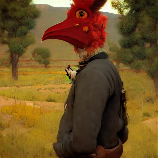 Prompt: wild west portrait of furry anthro anthropomorphic chicken head animal person fursona wearing clothes in the valley, sunny day, digital art by Nerdrum John, William Waterhouse, Winslow Homer, Alex Heywood, Jordan Grimmer, Darren Quach, Greg Rutkowski, Simon Stalenhag, trending on Artstation, CGSociety