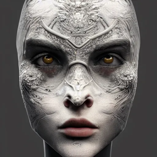 Image similar to Very very very very highly detailed epic photo of beautiful face with porcelain mask, intricate, dystopian, sci-fi, extremely detailed, digital painting, artstation, concept art, smooth, sharp focus, illustration, intimidating lighting, incredible art by Anton Pieck, Octane render in Maya and Houdini VFX