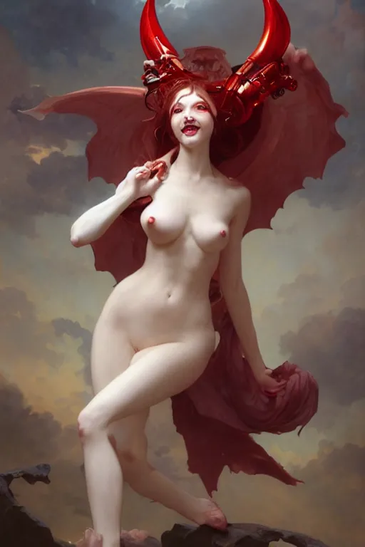 Image similar to Portrait of beautiful pale laughing succubus maiden with mechanical wings, nimbus, and devil's horns, red lighting, masterpiece 4k digital illustration by Ruan Jia and Mandy Jurgens and Artgerm and william-adolphe bouguereau, highly detailed, trending on artstation, award winning,