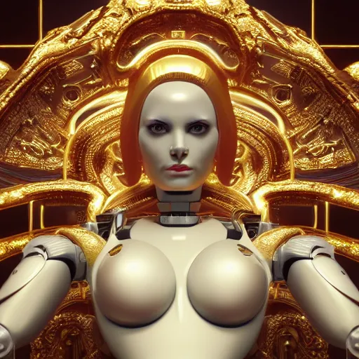 Image similar to octane render, a complex high poly cinematic 3 d model of a giant robotic android woman made out of white porcelain with complex golden inlays, jewel tone glowing eyes, fiber optic hair, inside a black and gold rococo palace, 8 k, unreal enging, cinema 4 d, cinematic angle