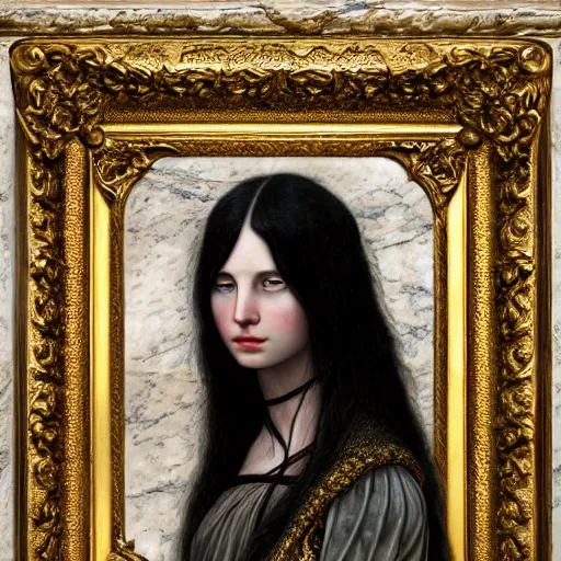 Image similar to highly detailed portrait of a beautiful cute girl with birds, endless black hair, with pale skin, fibonacci, fragile, sitted on an intricate stone throne by nicola samuri, by dino valls, m. w. kaluta, rule of thirds, seductive look, 4 k resolution