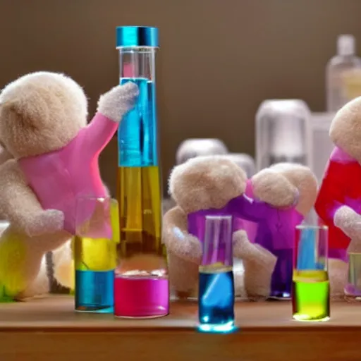 Prompt: Scientists teddy bears mixing sparkling chemicals in the style of 90s cartoons