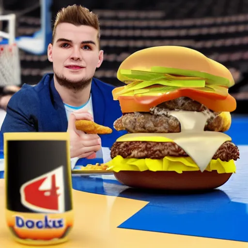 Prompt: 4k very detailed 3D model of Luka Doncic eating a cheeseburger,