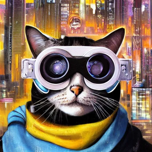 Image similar to a painting of a cat wearing goggles with a city in the background, cyberpunk art by hikari shimoda, trending on artstation, panfuturism, dystopian art, circuitry, sci - fi