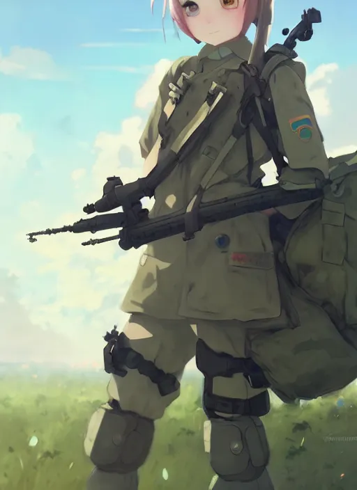 Image similar to portrait of cute soldier girl, cloudy sky background lush landscape illustration concept art anime key visual trending pixiv fanbox by wlop and greg rutkowski and makoto shinkai and studio ghibli and kyoto animation soldier clothing military gear realistic anatomy mechanized modern warfare