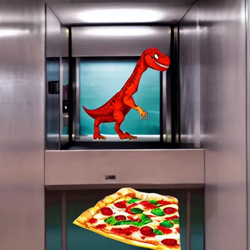 Prompt: a dinosaur with a pizza in an elevator