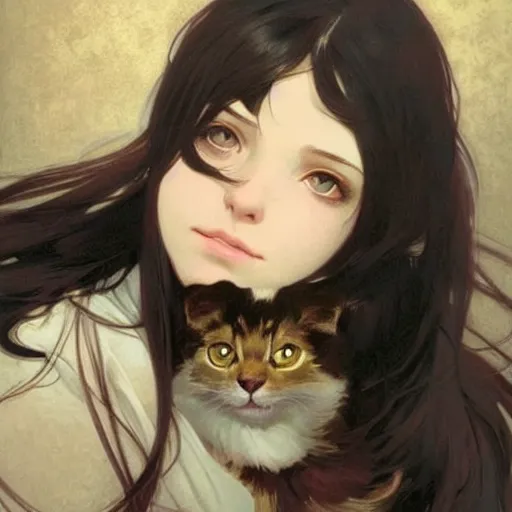 Image similar to emo girl and her cat, with long dark hair, thick eyebrows!!! deep dark big eyes and dark circles!, wide nose!!!, oval face shape, big cheeks!, by greg rutkowski and alphonse mucha, trending on pixiv