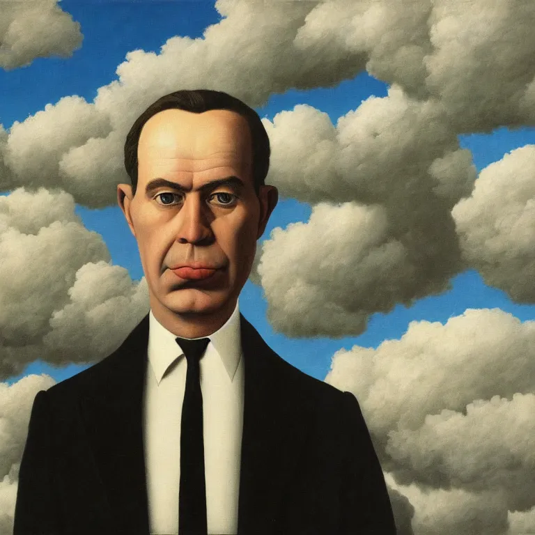 Image similar to portrait of a faceless chrome - head man in a suit, clouds in the background, by rene magritte, detailed painting, distance, centered, hd, hq, high resolution, high detail, 4 k, 8 k