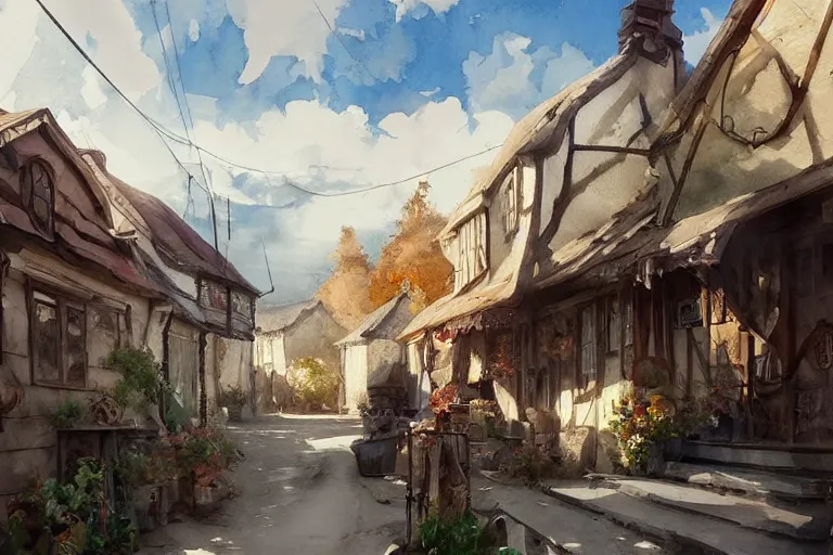 Prompt: watercolor painting of rustic village street, dust, scandinavian mythology, ambient lighting and shadows, art by hans dahl, by jesper ejsing, art by anders zorn, wonderful masterpiece by greg rutkowski, cinematic light, american romanticism by greg manchess, creation by tyler edlin