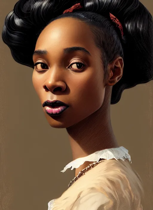 Image similar to a portrait of a young black woman with a crooked nose in victorian clothing, confident pose, intricate, elegant, sharp focus, illustration, highly detailed, concept art, matte, trending on artstation, anime, art by james jean and artgerm and brian despain and alberto mielgo, greg rutkowski, wlop, ilya kuvshinov, strong strokes