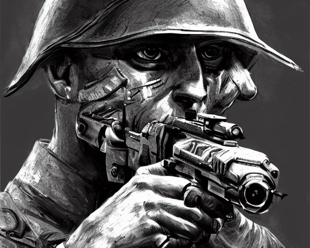 Image similar to A soldier with a hateful face aiming a machine gun at a cat, world war 1, close-up, realistic face, beautiful face detail, mature facial features, black and white, amazing digital art, hyper detailed, artstation, in the style of Tony Sart