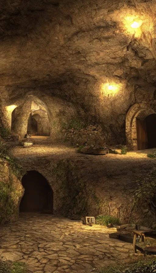 Image similar to a medieval village inside a cave near a cave river, photorealistic, 8k, high detail, high quality, dramatic lighting, HDR