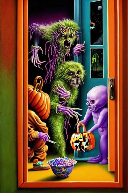 Image similar to a hyperrealistic painting of trick or treaters knocking on door and scary chimeric creature answers with bowl of candy, cinematic horror by jimmy alonzo, the art of skinner, chris cunningham, lisa frank, richard corben, highly detailed, vivid color,