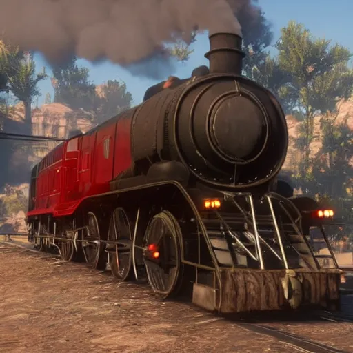 Image similar to futuristic sleek steam locomotive in red dead redemption 2