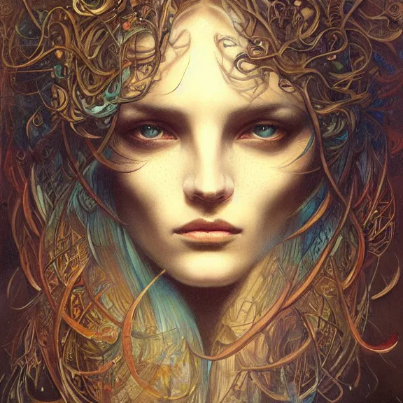 Image similar to a highly detailed beautiful portrait in the style of jean delville and in the style of peter mohrbacher.