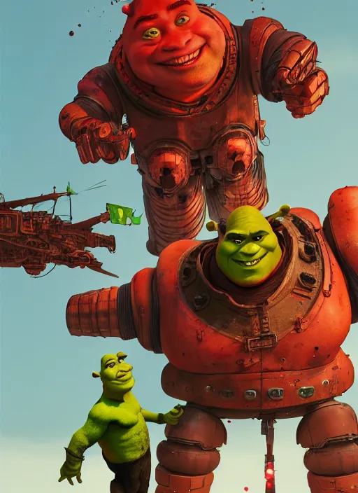 Image similar to shrek as a giant war robot. ultra detailed, close - up, by conrad roset, takato yomamoto, jesper ejsing, masamune shiro, ukiyo - e, 8 k resolution, octane render, high quality, professional artwork