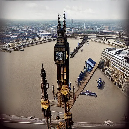 Prompt: Colour photo of steampunk airship docking at Big Ben