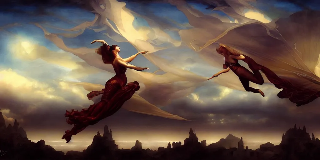 Prompt: flying brigantines at dusk, by Rolf Armstrong and Evelyn De Morgan and Bastien Lecouffe-Deharme, dramatic lighting, high contrast colors, baroque, empyrean, panoramic view, as trending on Artstation, highly detailed, doom engine,