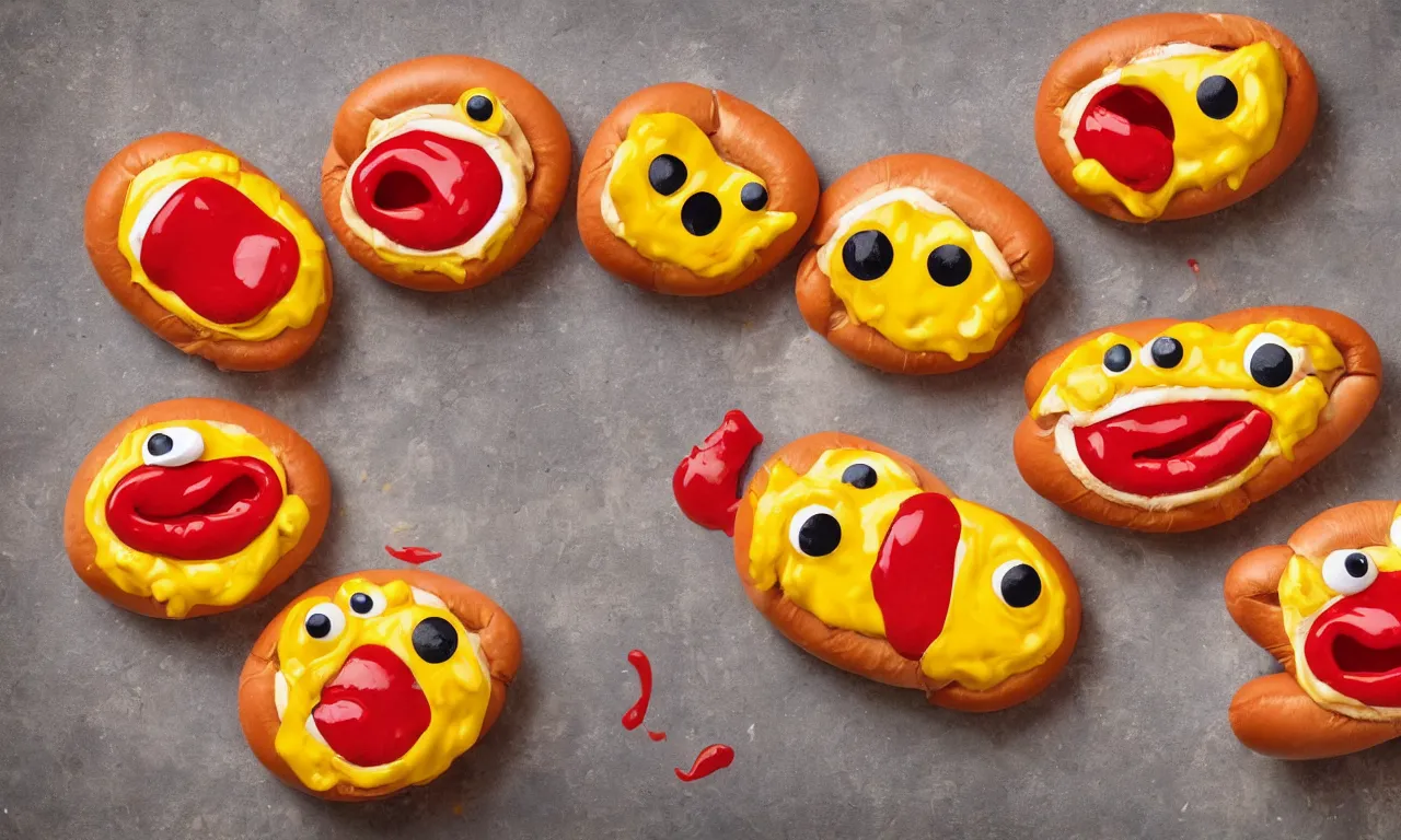 Prompt: smiling hotdogs with googly eyes dripping in ketchup and mustard and cheese, photorealistic