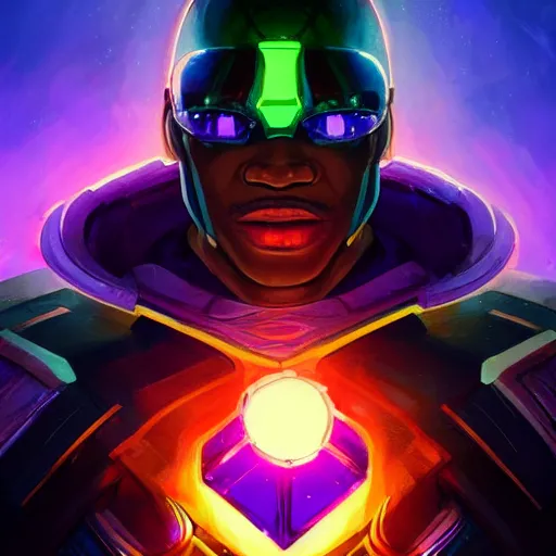 Prompt: a stylized portrait of a powerful black man with green eyes as an angry scientist, stylized, arcane magic, blue and purple vapor, neon color, vivid color, lens flare, volumetric light from below, kang the conqueror, background by justin gerard, hyperdetailed concept art by Ross Tran and Greg Rutkowski, high quality DnD illustration, trending on ArtStationHQ, 8k