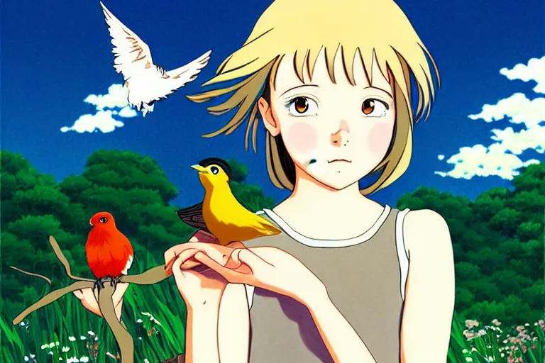 Image similar to young pretty girl holding a bird in her hands, looking touched, Fragile looking character portrait , beautiful scene; highly detailed art, by Studio Ghibli , High contrast, anime art