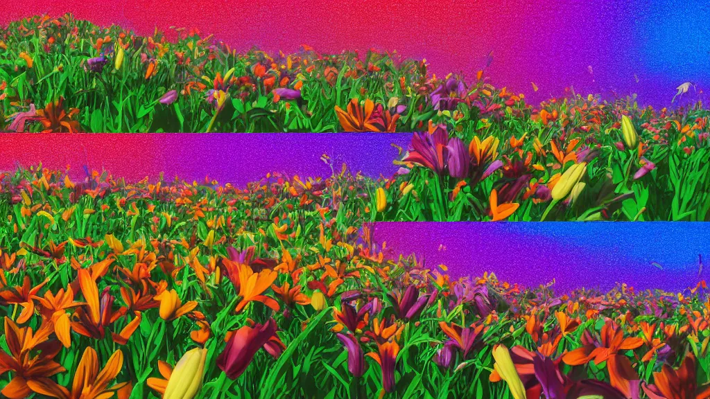 Prompt: first person perspective digital illustration of a field of giant multi-colored lilies by Dr. Seuss, reimagined by Industrial Light and Magic and beeple:1|tpwering megaflora by Dr. Seuss, spectral color, rolling hills, wide angle panoramic:0.9|fantasy, cinematic:0.9|Unreal Engine, Octane, finalRender, devfiantArt, artstation, artstation HQ, behance, HD, 16k resolution:0.8