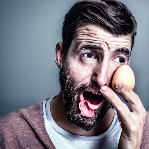 Image similar to a man eating the last egg while looking sad, realistic photo,
