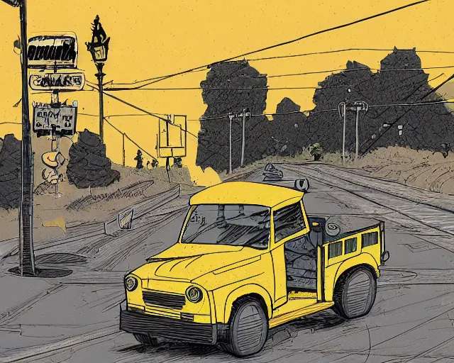 Image similar to a study of cell shaded cartoon of a yellow truck on a country road, street lamps, road, illustration, wide shot, subtle colors, post grunge, concept art by josan gonzales and wlop, by james jean, Victo ngai, David Rubín, Mike Mignola, Laurie Greasley, highly detailed, sharp focus, alien, Trending on Artstation, HQ, deviantart, art by artgem