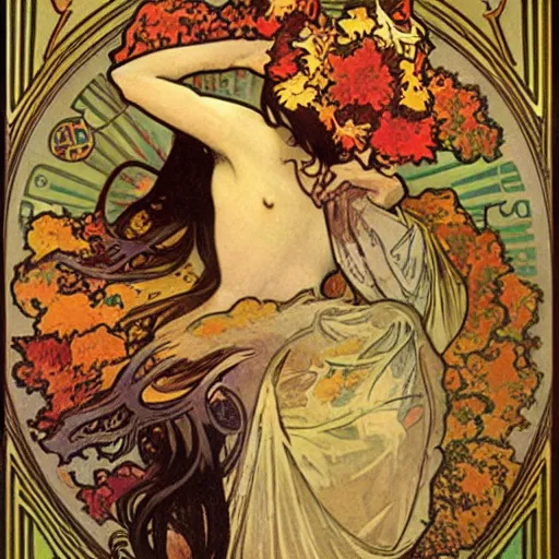 Prompt: fall, painted by alphonse mucha