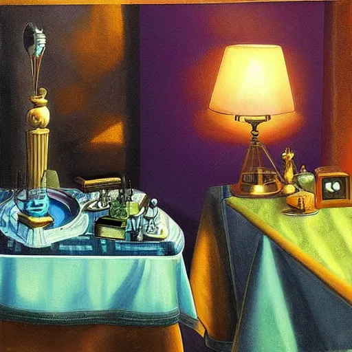 Prompt: still life painting of a miniature tabletop art deco city under a glass dome, by paulette tavormina and vermeer, cool color - scheme with blues and greens, hyper realistic, detailed, beautiful bright lighting