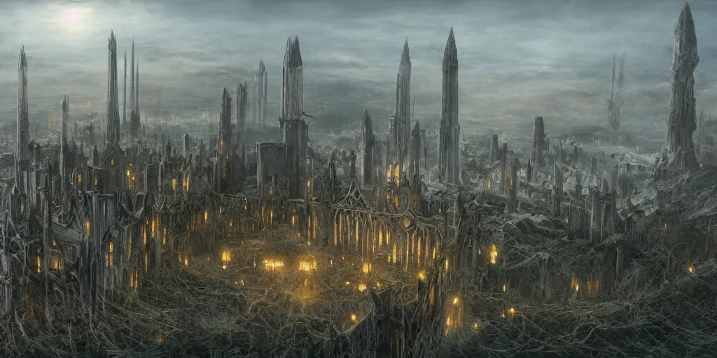 Image similar to Isengard in the evening, top view, detailed matte painting, cinematic, Alan Lee, Artstation