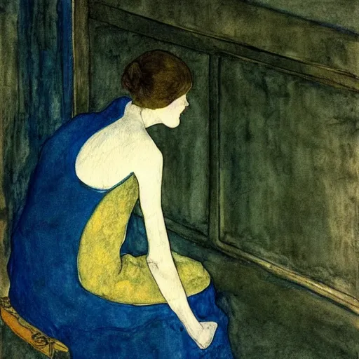 Image similar to close up of a girl in a blue and gold haunted liminal abandoned room, watercolor by schiele, by hammershøi, art noveau, highly detailed, lights by edward hopper, liminal, eerie, bright pastel colors