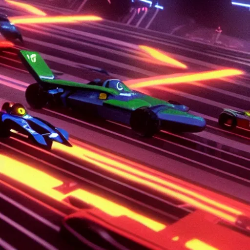 Prompt: Still of F-Zero race track with dozens of racing crafts, in the movie Blade Runner, cinematic lighting, 4k