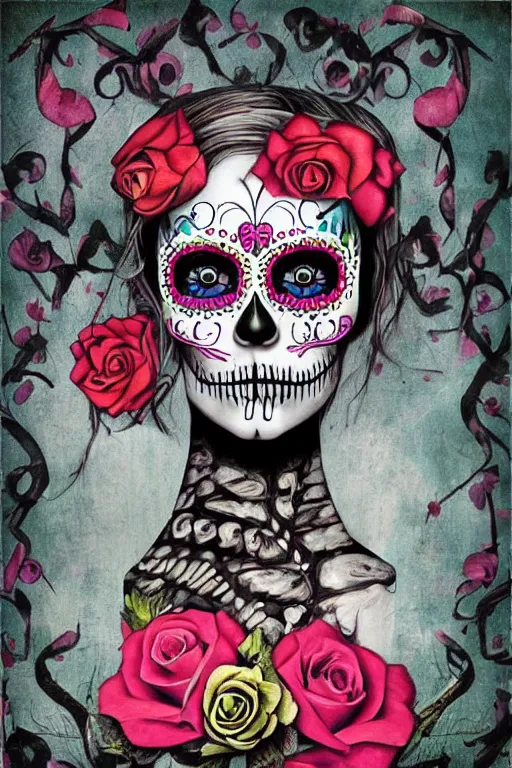 Prompt: Illustration of a sugar skull day of the dead girl, art by brook shaden