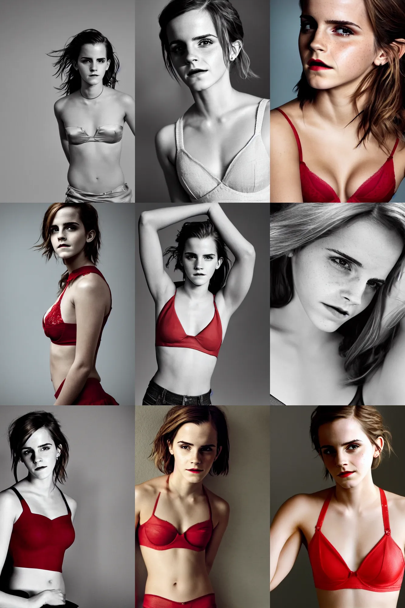 emma watson modeling red bra, high angle photo focused
