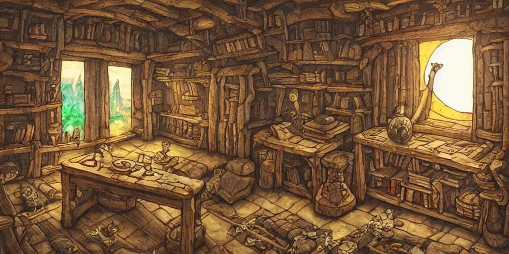 Prompt: a medieval fantasy interior room, codex open books, ancient scrolls maps artifacts, wooden desk shelves glass flasks bottles candle, wooden floor, open window, moonlit night, colorful, intricately detailed, fine textures, in the style of hayao miyazaki studio ghibli films