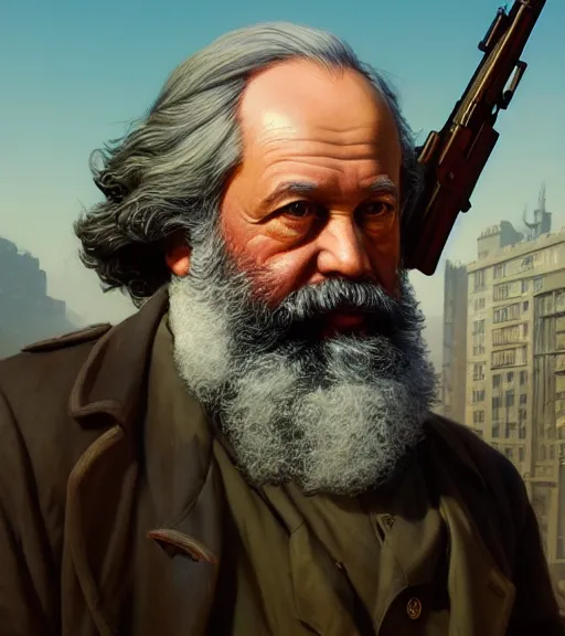 Prompt: highly detailed portrait karl marx with a rifle in gta v, stephen bliss, unreal engine, fantasy art by greg rutkowski, loish, rhads, ferdinand knab, makoto shinkai and lois van baarle, ilya kuvshinov, rossdraws, tom bagshaw, global illumination, radiant light, detailed and intricate environment