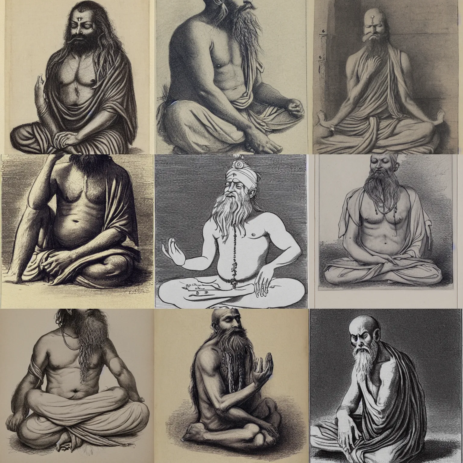 Prompt: sketch of a cool sadhu with a beard meditating, full - body, etching by louis le breton, 1 8 6 9, 1 2 0 0 dpi scan