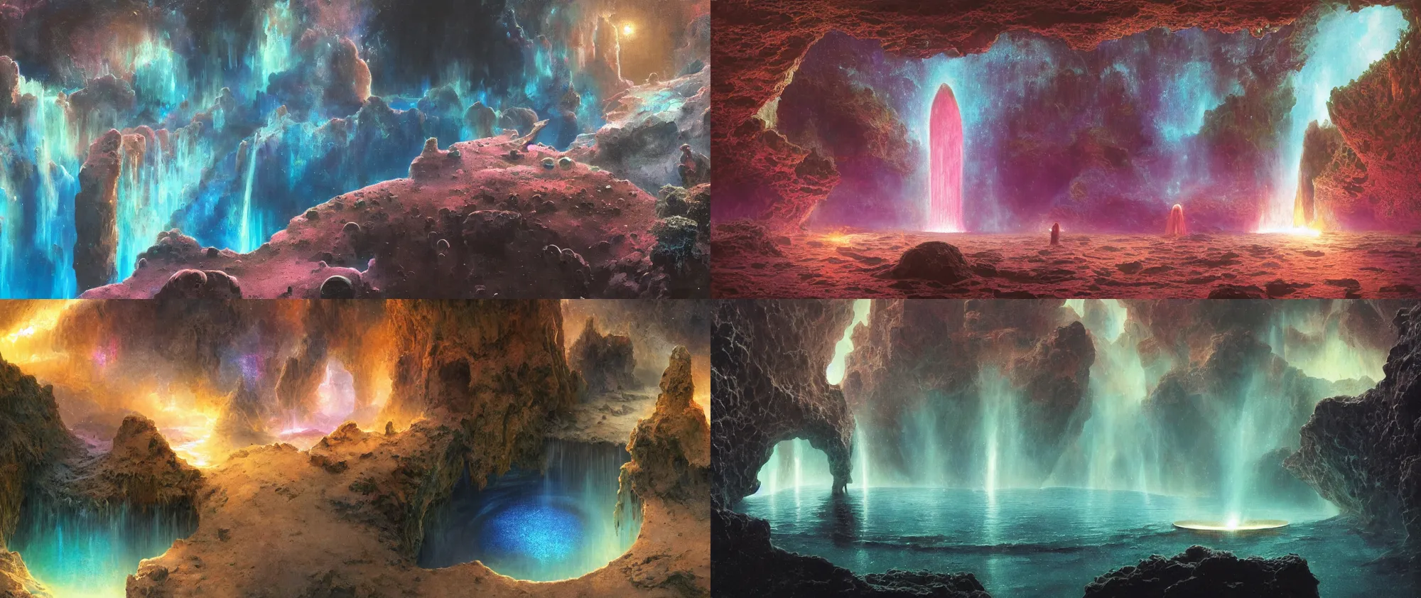 Prompt: closeup of magic water gate in space, nebula, iridescent shimmering pools, oasis in the desert, floating stones, cascading iridescent waterfalls, dimension of infinite space, by Zdzislaw Beksinski, Tomas Sanchez, greg rutkowski, wlop, artgerm, andrei riabovitchev, nuri iyem, james gurney, james jean, highly detailed, soft lighting, 8k resolution, oil on canvas