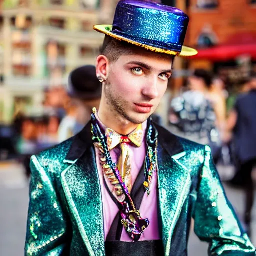 Image similar to A very handsome jewelpunk young man. A Jewelpunk society would be one of gleaming perfection, where every surface is adorned with sparkling gems and jewelry. The skies would be a rainbow of colors, as light reflecting off of the endless gems creates a spectrum of hues. The people would be impeccably dressed, with each outfit adorned with jewels that match their personality and status. Even the weapons and other tools would be made out of precious metals and gems, adding to the overall air of opulence. Men are objectified as much as women.